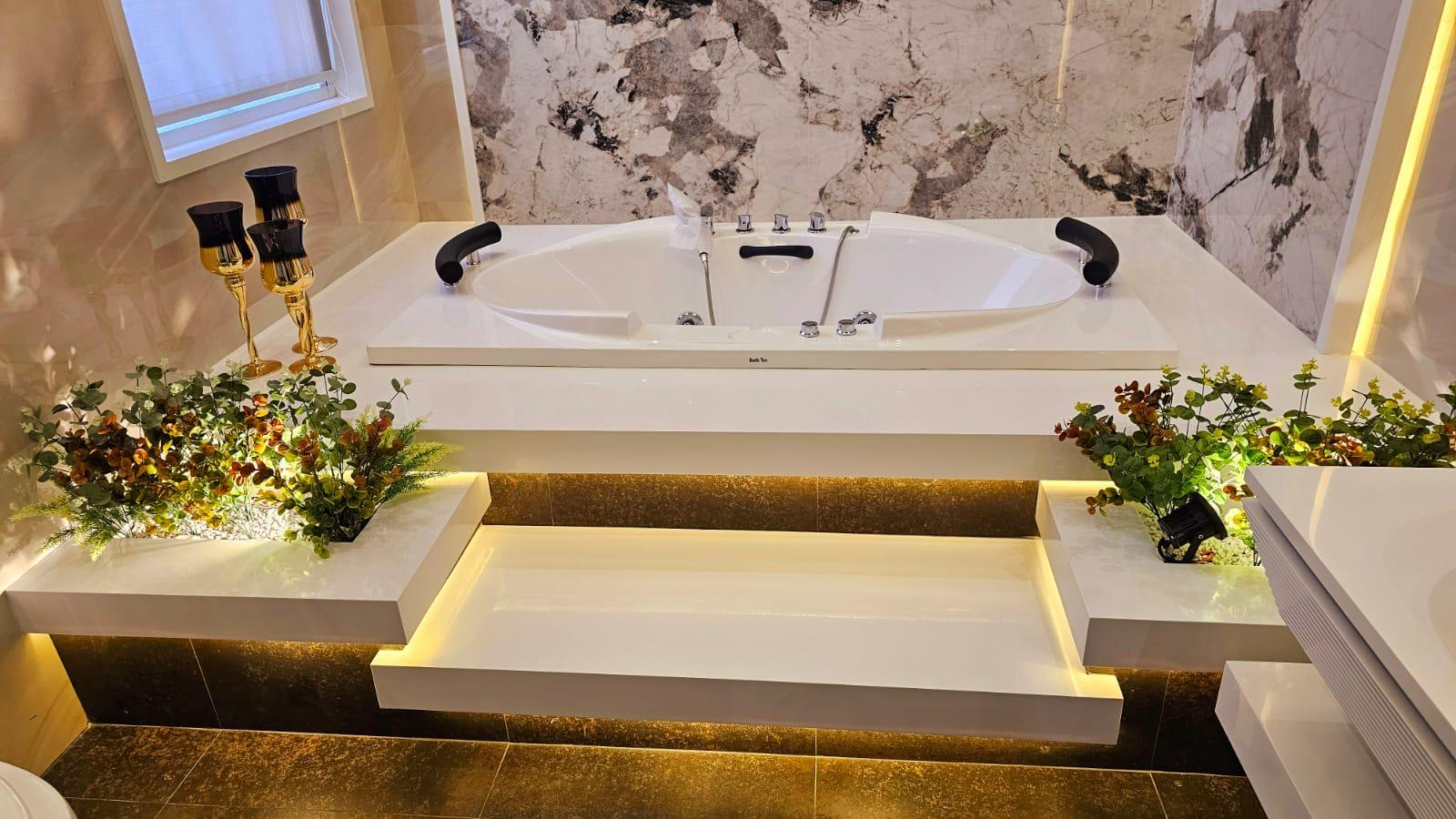 Corian solid-surface bathtub and vanity installation
